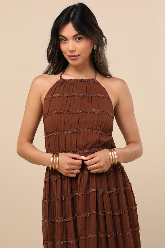 Image of Madriana Brown Halter Neck Ruffed Midi Dress