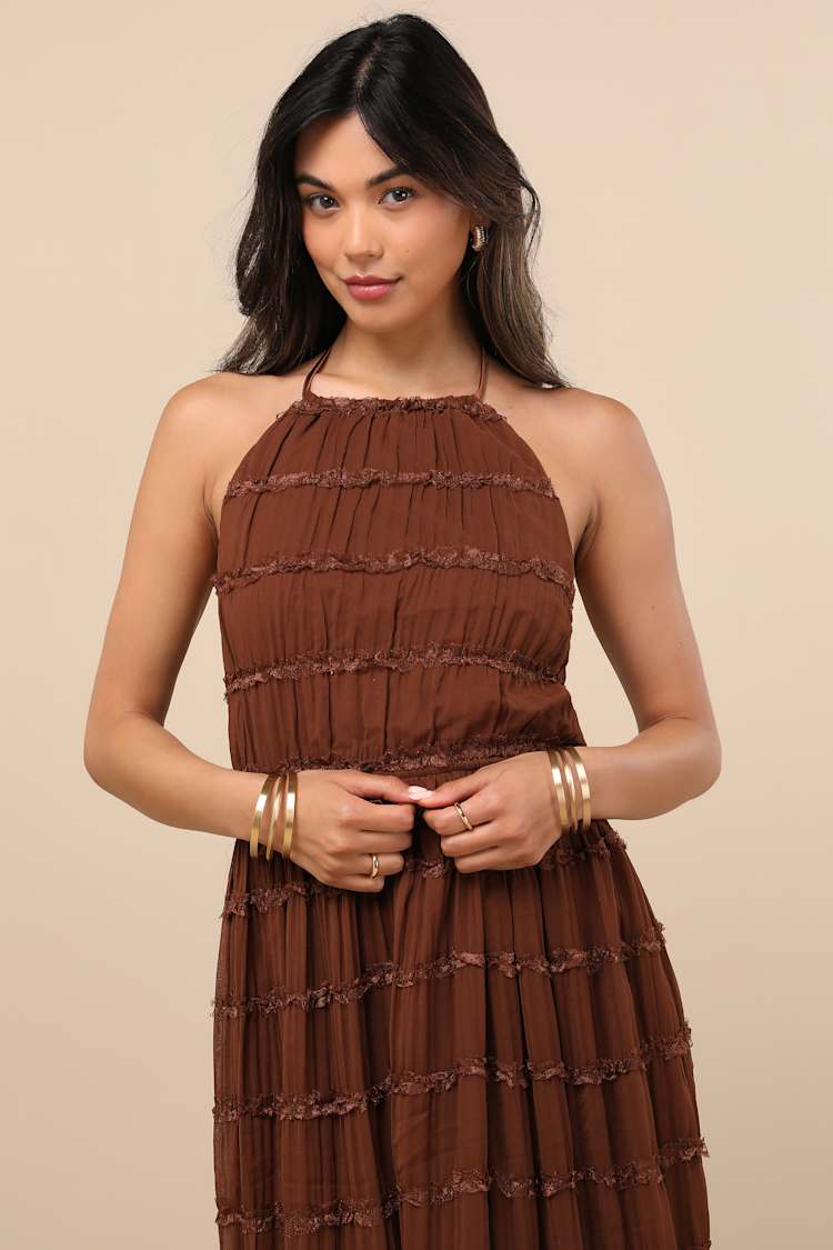 brown flowy midi dress THE AUDREY SMOCKED MIDI DRESS IN SAND Large