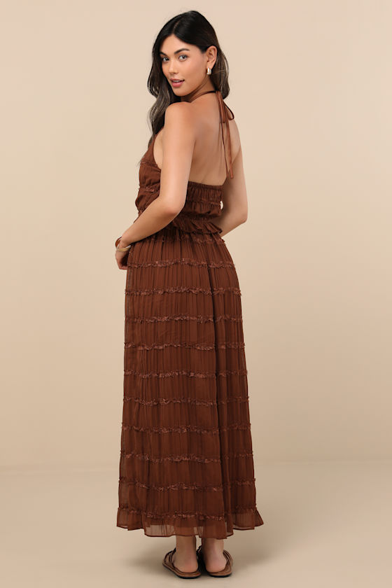 Lulus Madriana Brown Halter Neck Ruffed Midi Dress In Multi