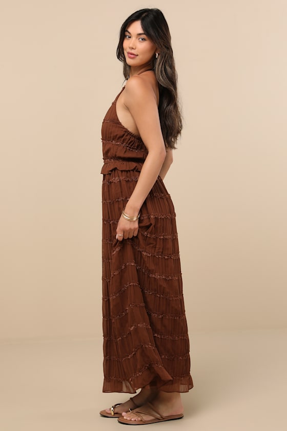 Lulus Madriana Brown Halter Neck Ruffed Midi Dress In Multi