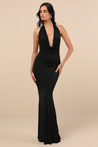 Eye-Catching Silhouette Black Cowl Neck Halter Maxi Dress 1