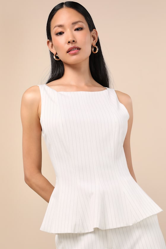 Lulus Matija White Pinstriped Boat Neck Peplum Sleeveless Top