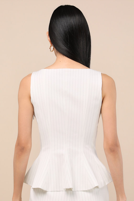 Lulus Matija White Pinstriped Boat Neck Peplum Sleeveless Top