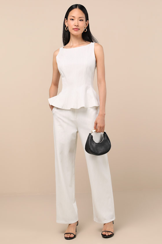 Lulus Matija White Pinstriped Boat Neck Peplum Sleeveless Top