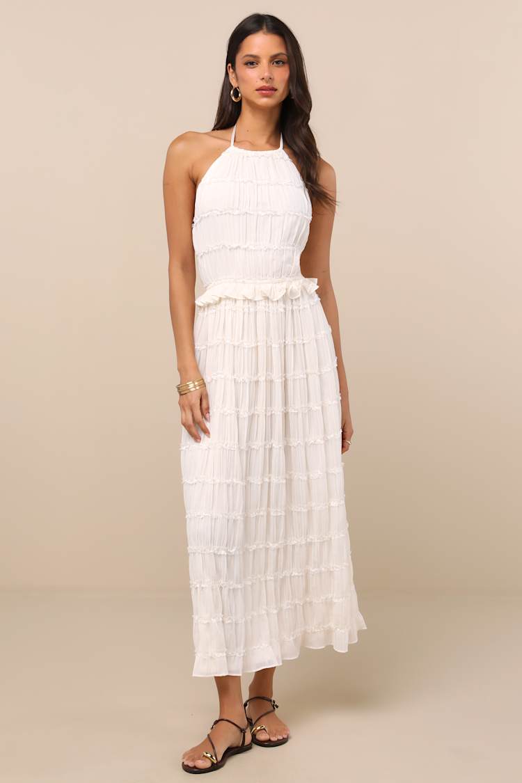Madriana Ivory Halter Neck Ruffed Midi Dress