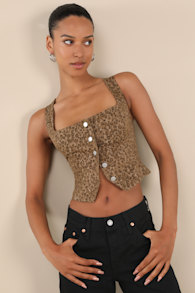 Ozella Brown Leopard Button-Front Sleeveless Crop Top 4