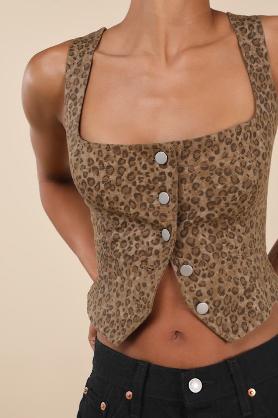 Ozella Brown Leopard Button-Front Sleeveless Crop Top 1