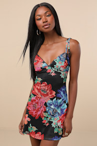Aldara Black Floral Mesh Tie-Strap Mini Dress