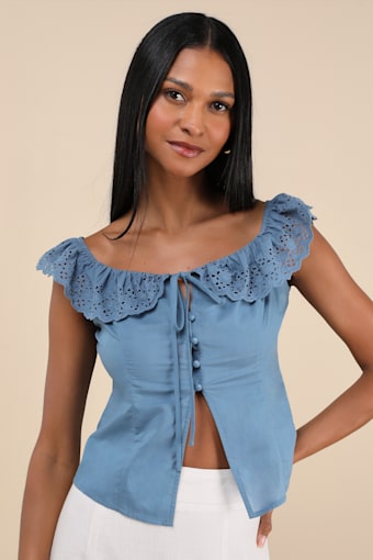 Alesana Blue Eyelet Embroidered Button-Front Top 1