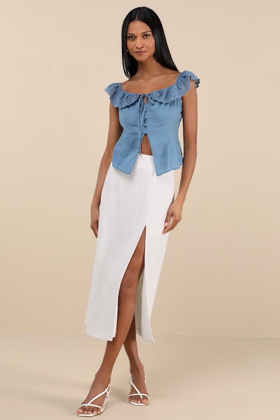 Lulus Alesana Blue Eyelet Embroidered Button-front Top