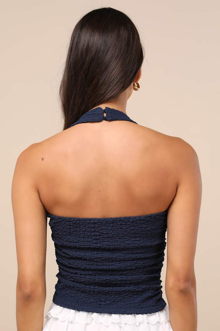 Andressa Navy Textured Knit Ruched Halter Top