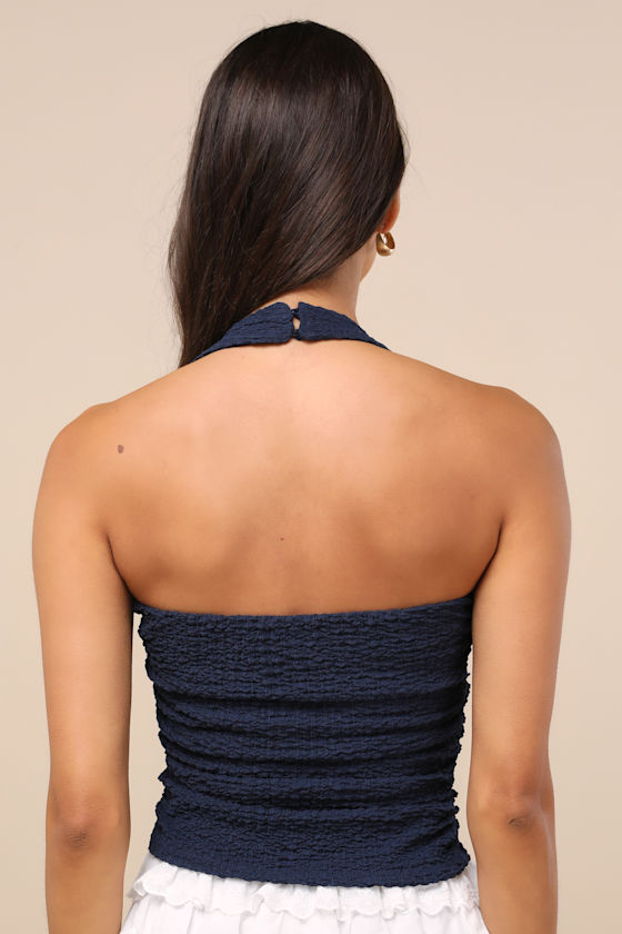 Andressa Navy Textured Knit Ruched Halter Top 2