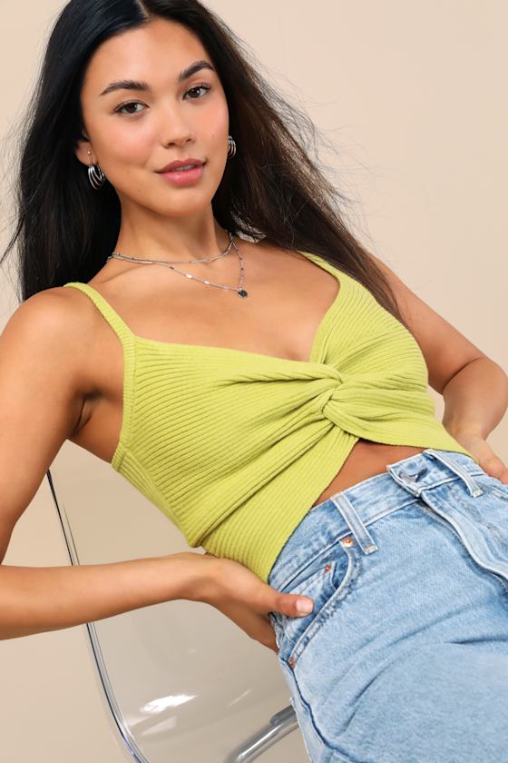 Melika Lime Green Ribbed Knotted Crop Tank Top 1