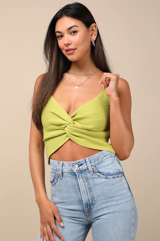 Melika Lime Green Ribbed Knotted Crop Tank Top 2