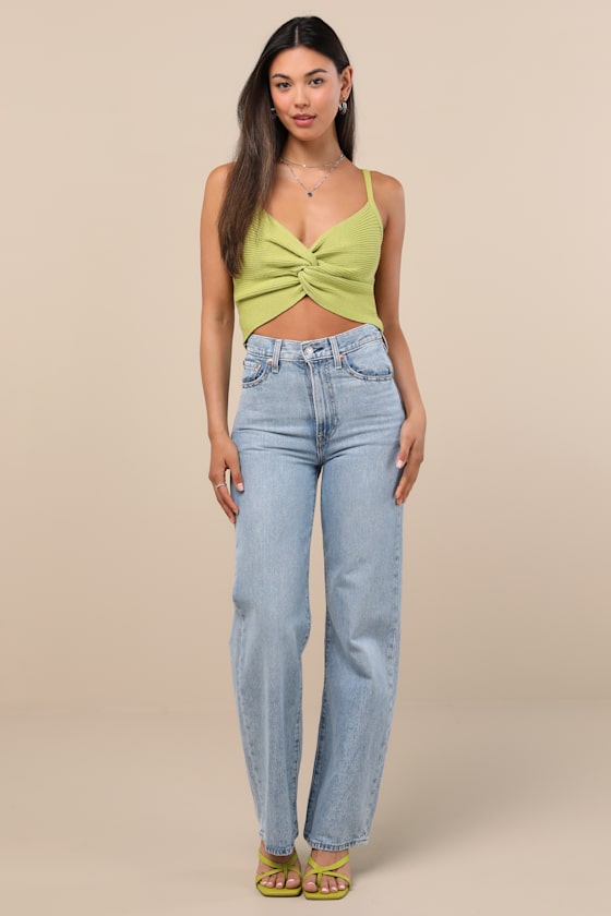 Lulus Melika Lime Green Ribbed Knotted Crop Tank Top
