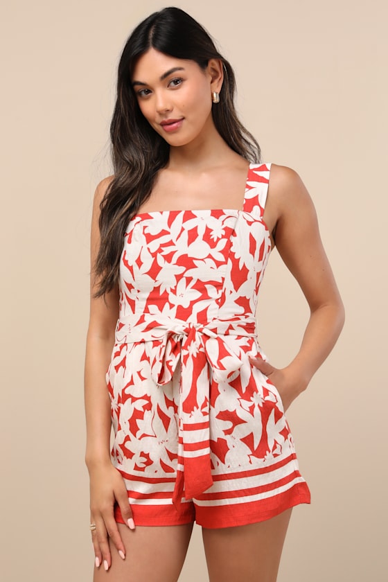 Lulus Maite Red Floral Belted Sleeveless Romper
