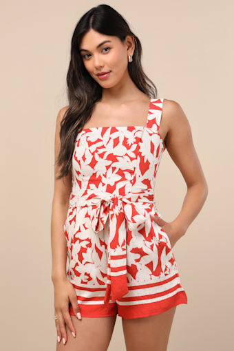 Maite Red Floral Belted Sleeveless Romper 1