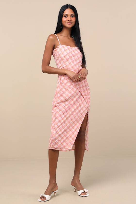 Lulus Jenise Pink Plaid Faux-wrap Midi Dress