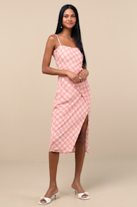 Jenise Pink Plaid Faux-Wrap Midi Dress 1