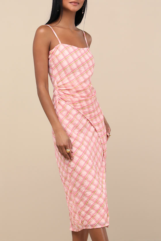 Lulus Jenise Pink Plaid Faux-wrap Midi Dress