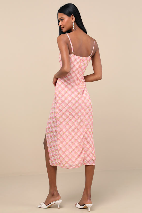 Lulus Jenise Pink Plaid Faux-wrap Midi Dress