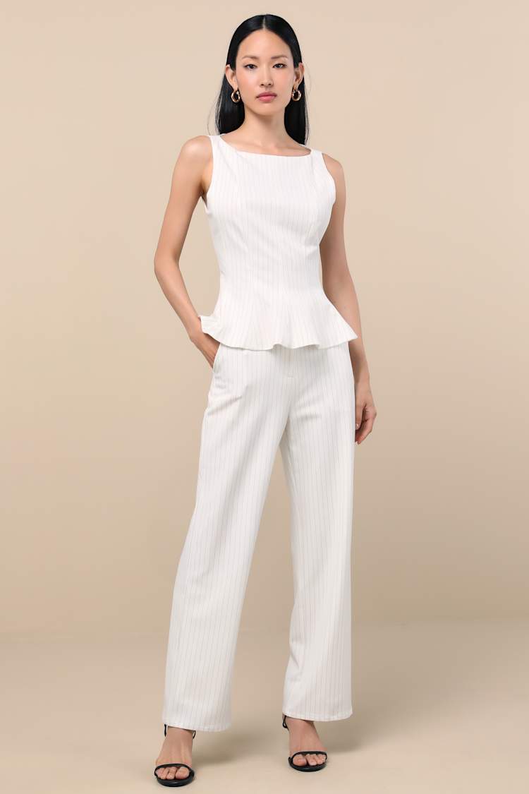 Matija White Pinstriped High-Rise Straight Leg Trouser Pants