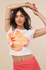 Marita White Short Sleeve Cropped Hibiscus Graphic Tee 1