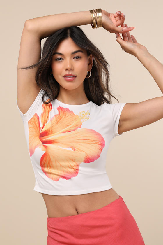 Marita White Short Sleeve Cropped Hibiscus Graphic Tee 1
