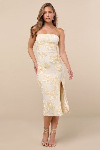 Kattalin Cream Floral Applique Strapless Midi Dress 1