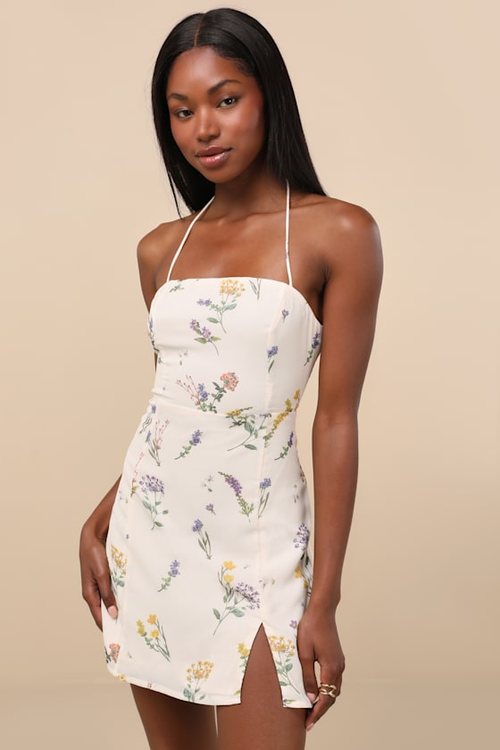 Catch the Bouquet Cream Floral Print Halter Lace-Up Mini Dress 6