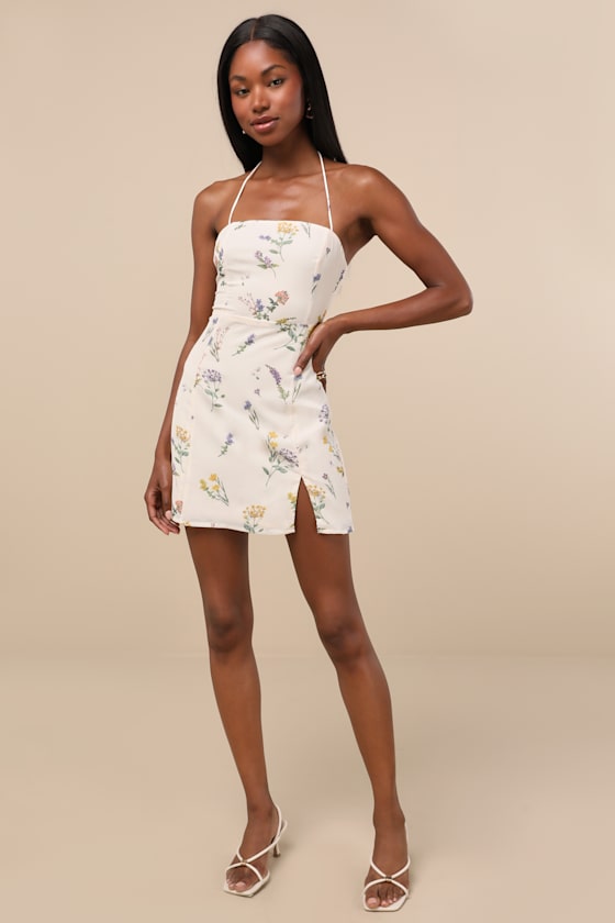 Cream Floral Print Dress - Halter Mini Dress - Lace-Up Mini Dress - Image 3