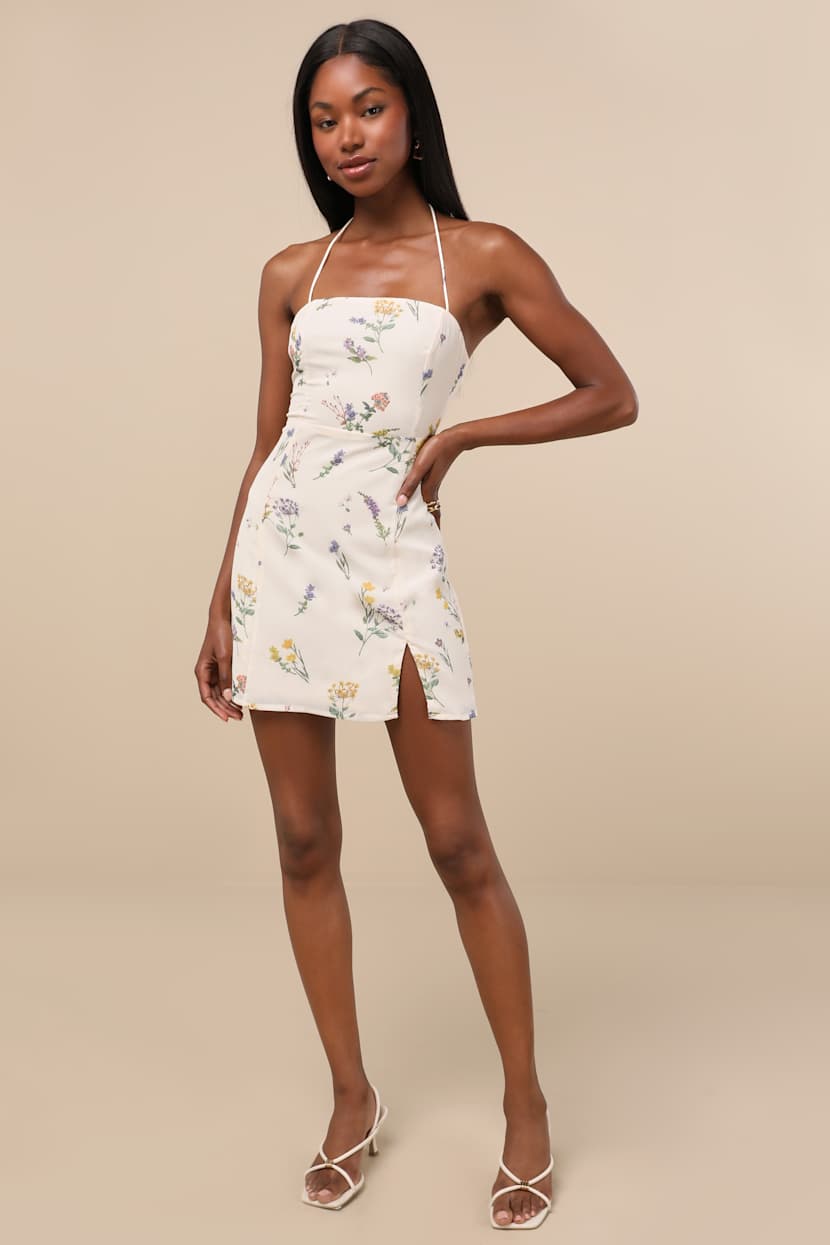 Cream Floral Print Dress - Halter Mini Dress - Lace-Up Mini Dress - Lulus Cream Floral Print Dress - Halter Mini Dress - Lace-Up Mini Dress - Lulus