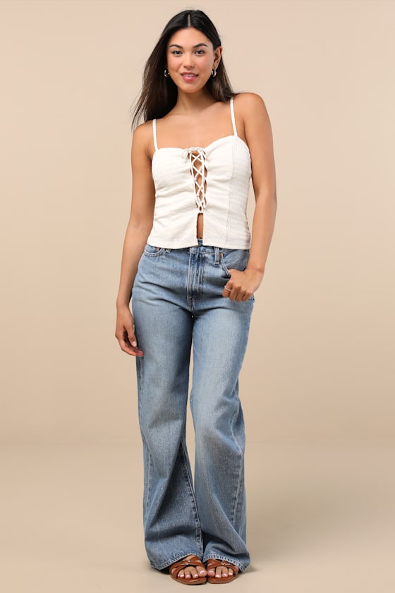 Lulus Annelie Cream Textured Knit Lace-up Tank Top
