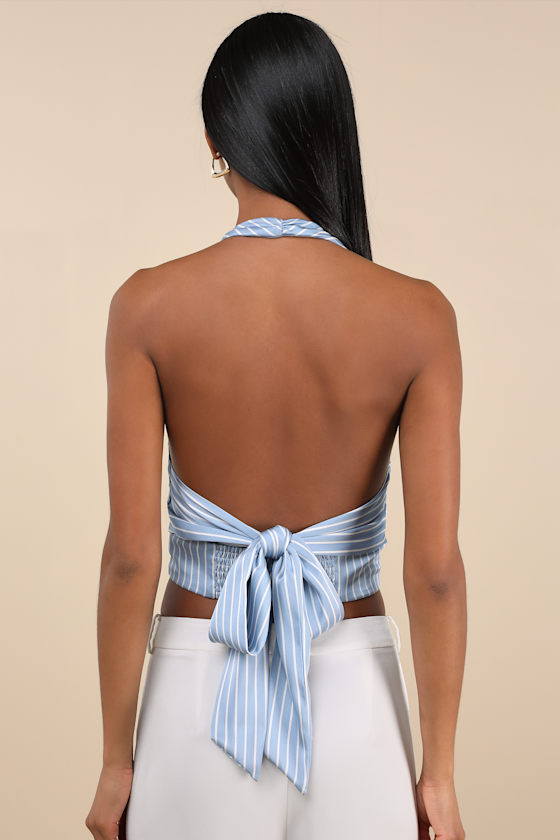 Lulus Damaina Light Blue Striped Satin Tie-back Halter Top
