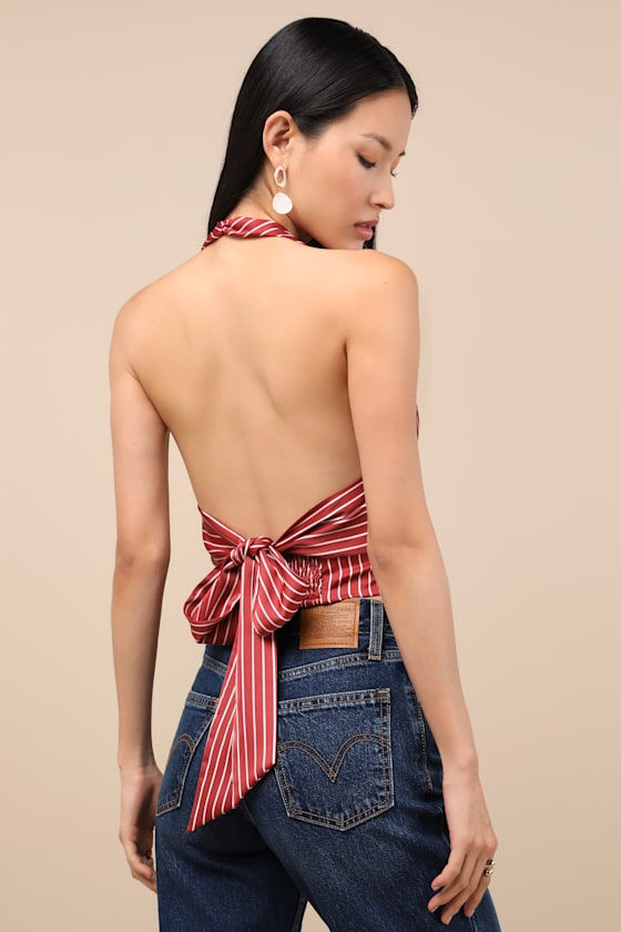 Damiana Rust Red Striped Satin Tie-Back Halter Top 4