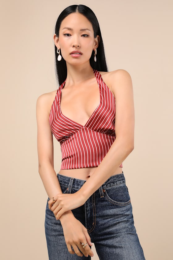 Lulus Damiana Rust Red Striped Satin Tie-back Halter Top
