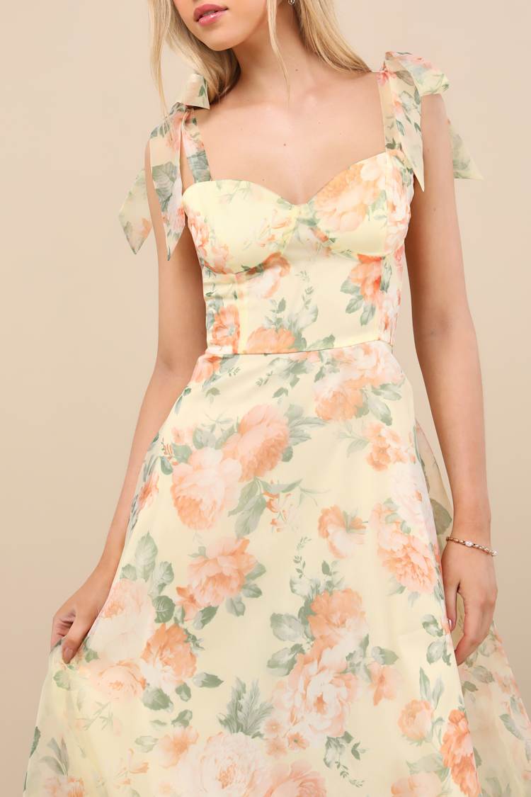 Olesya Light Yellow Floral Tie-Strap Midi Dress