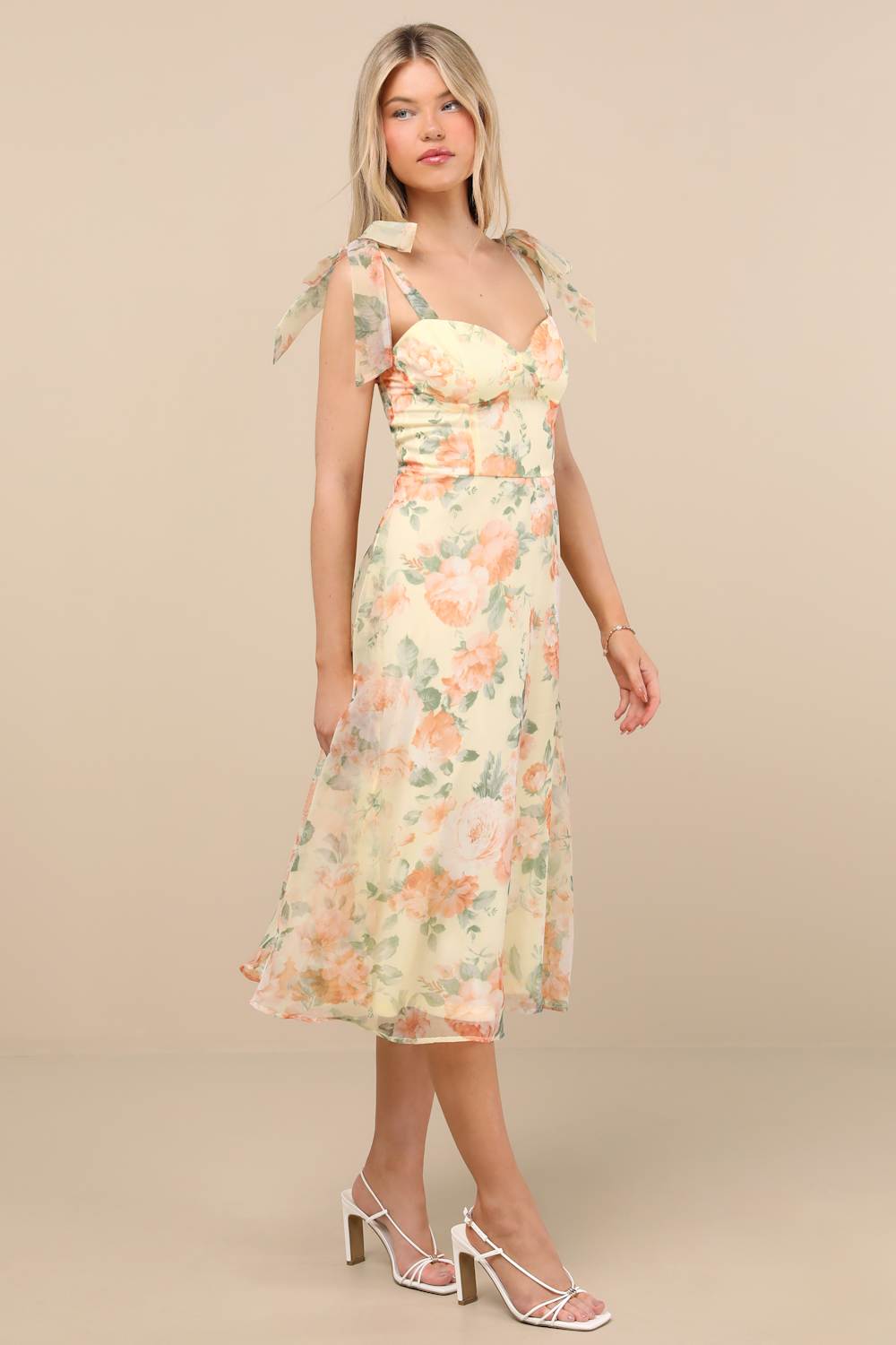 Olesya Light Yellow Floral Tie-Strap Midi Dress