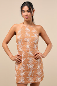 Tetiana Tan Floral Embroidered Halter Mini Dress 1