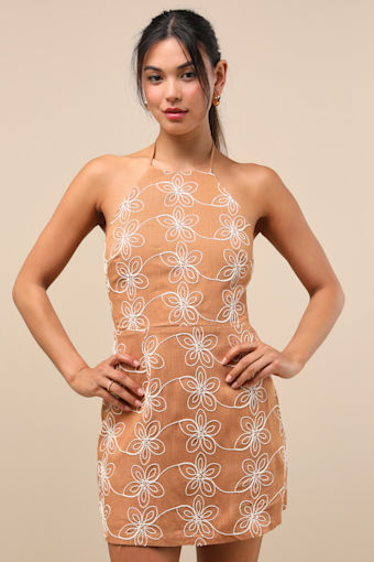 Tetiana Tan Floral Embroidered Halter Mini Dress 1