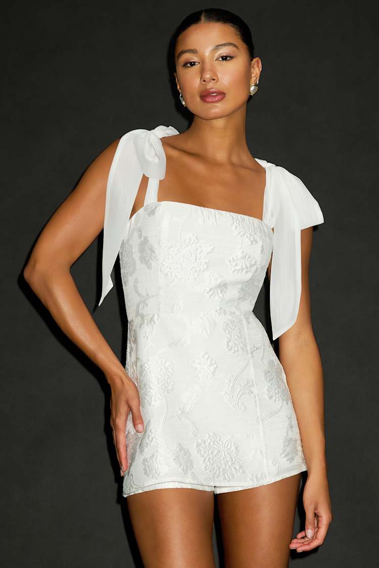 White Jacquard Romper - Jacquard Skort Romper - Tie-Strap Romper