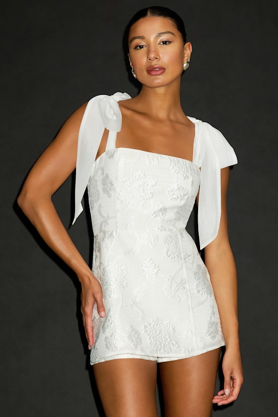 Esihle White Jacquard Tie-Strap Skort Romper 1