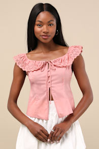 Alesana Peach Pink Eyelet Embroidered Button-Front Top 1