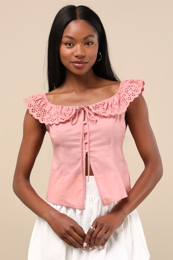 Alesana Peach Pink Eyelet Embroidered Button-Front Top 1