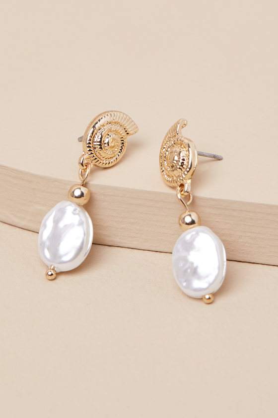 Cadley Gold Pearl Seashell Drop Earrings