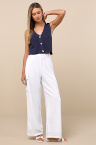 Cadelina White Linen Cargo Trouser Pants 1