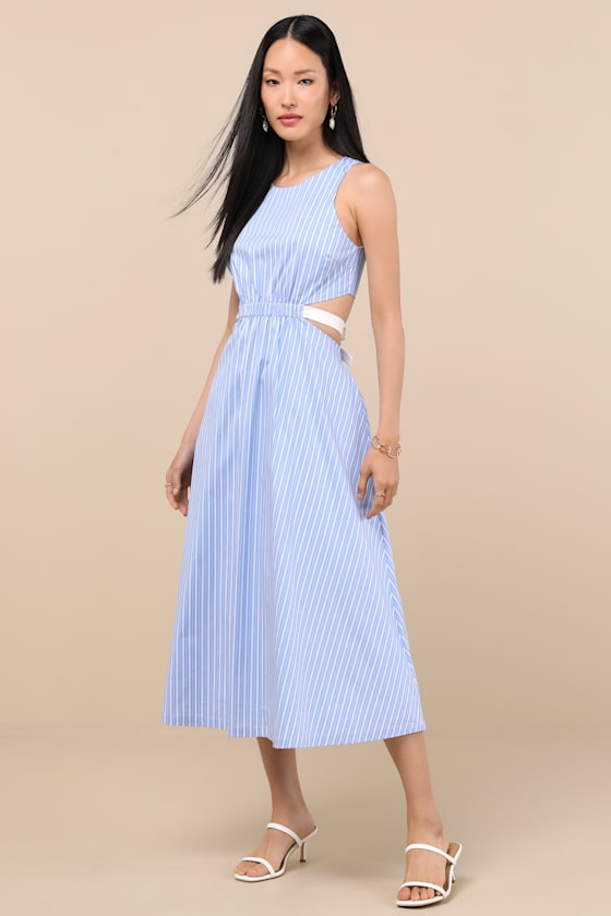 Lulus Kianne Blue Striped Cutout Tie-back Midi Dress In Multi