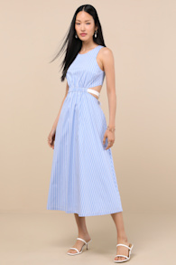 Kianne Blue Striped Cutout Tie-Back Midi Dress 1