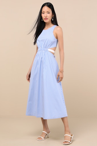 Kianne Blue Striped Cutout Tie-Back Midi Dress