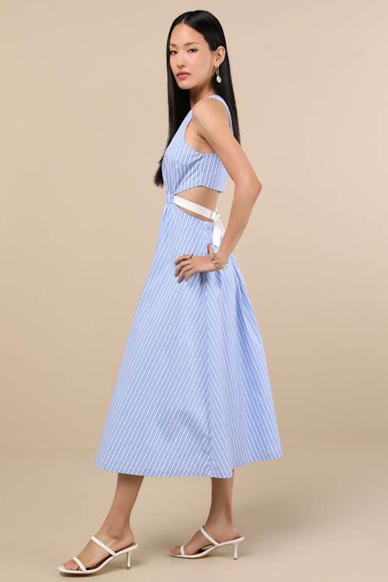 Lulus Kianne Blue Striped Cutout Tie-back Midi Dress In Multi